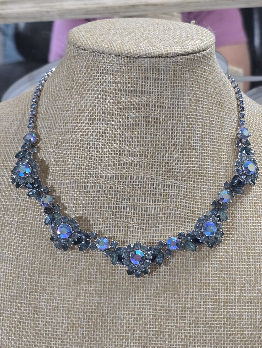 Trifari Sapphire Blue Aqua Crystal Floral Statement Necklace AB Blue Iridescent
